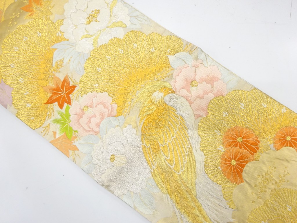 JAPANESE KIMONO / ANTIQUE FUKURO OBI / SILK / WOVEN BIRD & FLOWER
